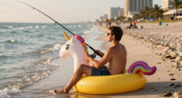 TIL a man in a unicorn pool floaty was fishing near the beach in Fort Lauderdale when he hooked a 10-foot shark that proceeded to drag him four miles offshore in his floaty. He was eventually rescued by the crew of a larger fishing vessel who were baffled at the situation when they happened upon him